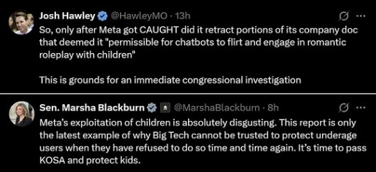 메타플랫폼이 미성년자 상대 성적 대화를 일부 허용하는 내부 인공지능(AI) 운영 지침을 가지고 있다는 사실이 14일(현지시간) 로이터 보도로 알려지자 조쉬 홀리(Josh Hawley) 미주리주 공화당 상원 의원은 X에 올린 글에서 “메타가 적발된 후에야 회사 문서의 일부를 철회했다”며 “이는 의회의 즉각적인 조사를 필요로 하는 근거가 된다”고 밝혔다. 마샤 블랙번(Marsha Blackburn) 테네시주 공화당 상원 의원도 X에 “메타의 아동 착취는 정말 역겹다. 이 보고서는 빅테크 기업들이 미성년자 사용자를 보호할 수 없다는 것을 보여주는 최근 사례”라며 “미성년자 보호법(KOSA)를 통과시켜 아이들을 보호해야 할 때”라고 썼다. X캡처