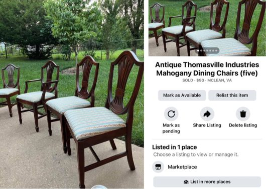 2023년 7월 당시 워싱턴 총영사였던 권세중 대사는 새집에 입주한 지 일주일 만에 ‘빨리 귀국하라’는 본부의 명령에 가구를 장터(Marketplace)에 급히 내놓았다. 당시 권 총영사가 의자(왼쪽)를 장터에 내놓은 모습과, 온라인에서 판매 대기 중인 모습(오른쪽). 권 대사 제공