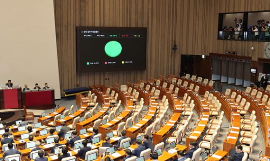 25일 오전 서울 여의도 국회에서 열린 제428회 국회(임시회) 제2차 본회의에서 2차 상법 개정안이 재적 182인, 찬성 180인, 기권 2인으로 통과되고 있다. 뉴스1