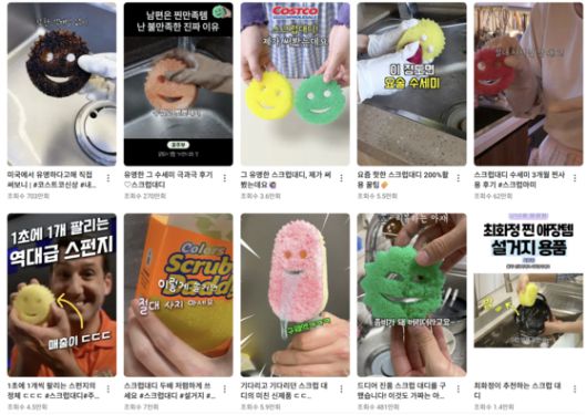 유튜브 숏츠에 올라온 스크럽대디 제품 관련 후기 및 자발적 바이럴 영상. 유튜브 캡처