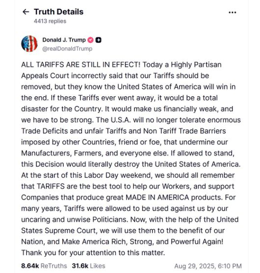 도널드 트럼프 미국 대통령이 29일(현지시간) 상호관세에 법적 근거가 없다고 한 연방순회항소법원의 판결에 대해 “극도로 편향된 법원의 잘못된 판결”이라고 비난하며 자신의 소셜미디어 트루스소셜에 올린 글. 사진 트루스소셜 캡처