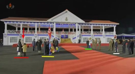 지난 4월 25일 북한 남포조선소에 거행된 최현함 진수식에 북한 고위 간부들이 자녀, 손주들과 참석했다. 빨간선은 김여정과 자녀들, 노란선은 이희용과 김덕훈, 초록선은 박종천과 그의 손주, 하얀선은 조춘용과 그의 손주들이다. 위챗 캡처