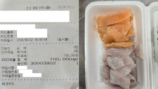 지난해 자갈치시장에 방문한 B씨의 구매 영수증(왼쪽)과 회. 사진 온라인 커뮤니티 캡처