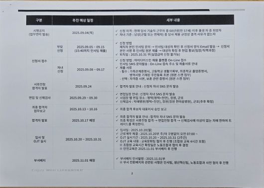 KG모빌리티의 '2025 기술직 트레이드 일정'. 신청 가능한 재직자 자격과 채용 대상이 되는 자녀의 기준 등이 명시돼있다. 현재 해당 사진은 직장인 온라인 커뮤니티 '블라인드' 등 다양한 온라인 커뮤니티에 게재돼있는 상태다. 사진 독자 제공