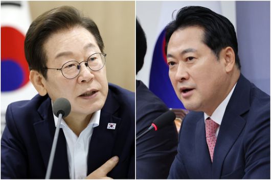 우상호 대통령실 정무수석이 27일 서울 여의도 국회에서 국민의힘 장동혁 신임 대표를 예방해 이재명 대통령이 보낸 축하난을 전달하고 있다. 연합뉴스