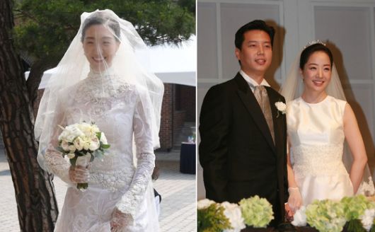 (왼쪽부터) 2017년 6월 정몽준 아산재단 이사장 장녀 정남이 아산나눔재단 상임이사가 어머니 김영명 예올 이사장에게 물려받은 웨딩드레스를 입고 결혼식장에 들어서고 있다. 아나운서 출신 노현정씨와 현대가 정대선씨가 2006년 서울 하얏트호텔에서 결혼식이 열리기 전 기자회견장에서 포즈를 취하고 있다. 노씨는 가슴 부분이 다 가려진 단아한 스타일의 드레스를 입었다. 중앙일보, 뉴시스