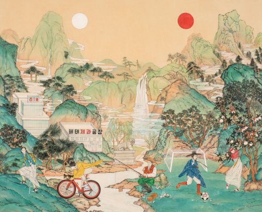 '내숭: 신십장생도(feat. 해태제과 연양갱)', 한지 위에 수묵과 담채, 85x59㎝, 2021. [사진 김현정 화가]