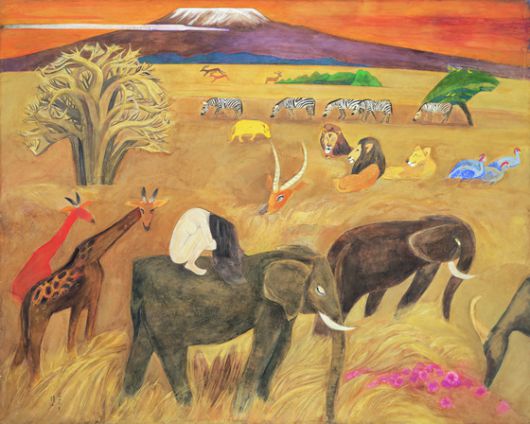 천경자 화백이 49세가 되던 해에 완성한 ‘내 슬픈 전설의 49페이지’(종이 바탕에 채색, 130x162㎝). 코끼리 등에 엎드려 있는 여인의 모습에 작가의 쓸쓸한 내면이 투영돼 있다. [사진 서울미술관]