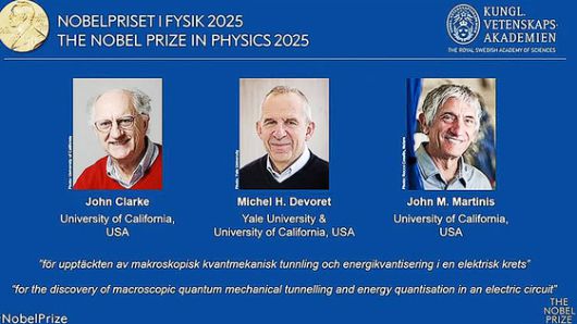 2025년 노벨물리학상은 '새로운 규모에서 양자역학을 연구'한 공로로 존 클라크, 미셸 데보레, 존 마티니스 등 3인에게 돌아갔다. 사진 노벨위원회