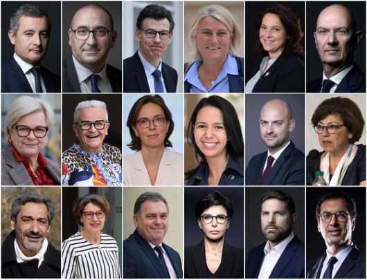 세바스티앵 르코르뉘 프랑스 총리가 발표한 2기 내각의 주요 인사들. 제랄드 다르마냉 법무장관(윗줄 맨 왼쪽), 카트린 보트랑 국방장관(가운데 줄 맨 왼쪽) 등 총 34명의 범여권 및 우파 공화당, 시민사회 출신 인사들로 구성됐다. AFP=연합뉴스