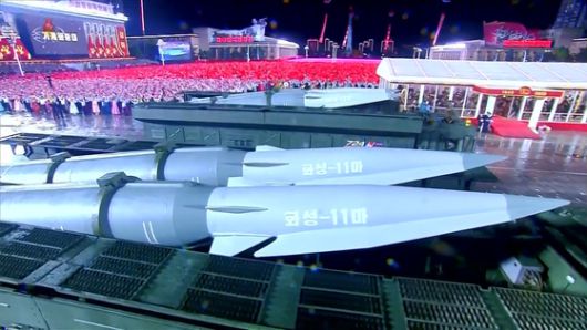 열병식에 나온 ‘화성-11마’ 극초음속미사일. [조선중앙TV=뉴시스]