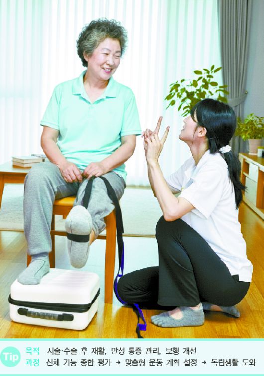 방문 재활 운동 트레이너가 잘못된 보행 습관으로 하체의 유연성과 기능이 저하된 어르신의 집을 방문해 스트레칭 밴드를 활용한 대퇴이두근 스트레칭을 지도하고 있다. [사진 제일리핏케어]