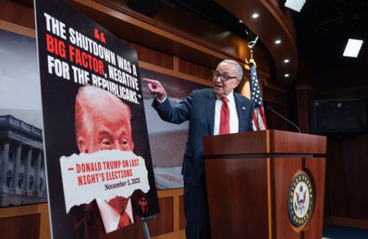 척 슈머 민주당 상원 원내대표가 지난 5일(현지시간) 지방선거에서 승리한 것과 관련한 기자들의 질문에 답하고 있다. AP=연합뉴스