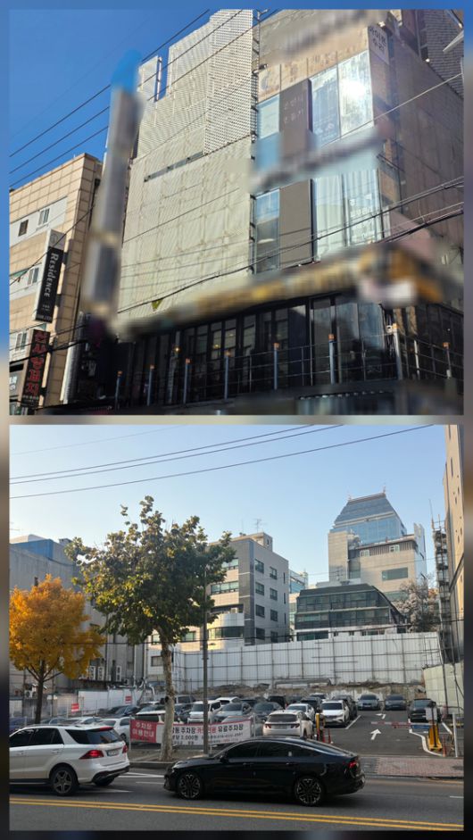 (위) 정영학 회계사 측이 지난 2020년 173억원에 사들인 서울 강남구 신사동 토지와 건물. (아래) 남욱 변호사 측이 지난 2021년 300억원에 매입한 서울 강남구 역삼동 토지. 이영근·이아미 기자