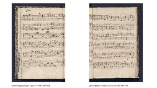 (왼쪽부터)‘d 단조의 샤콘과 푸가(BWV 1178)’와 ‘g 단조의 샤콘(BWV 1179)’ 악보 일부. 사진 벨기에왕립도서관