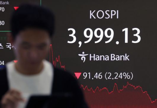 16일 서울 중구 하나은행 본점 딜링룸에 코스피 종가가 3999.13을 기록하고 있다. [뉴스1]