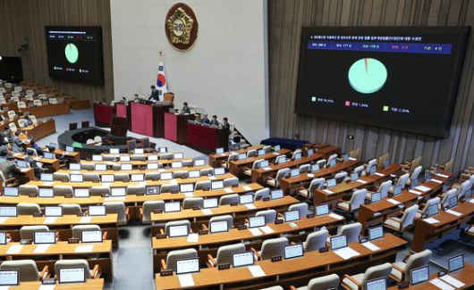 정청래 더불어민주당 대표(앞줄 오른쪽 둘째)가 24일 국회 본회의장에서 우원식 국회의장과 악수하고 있다. 임현동 기자