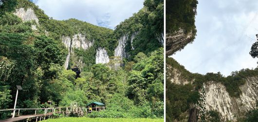 (좌) 박쥐의 대이동을 관찰하는 장소 (우) 사진 중앙을 보면 박쥐 떼가 나선형을 이루며 동굴 밖을 나오는 것이 보인다.