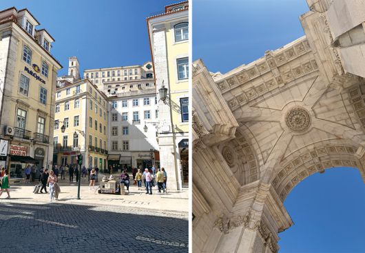 (좌) 도심의 울퉁불퉁한 돌로 포장된 길 (우) 조각미술이 개선문의 화려한 위용을 더한다.