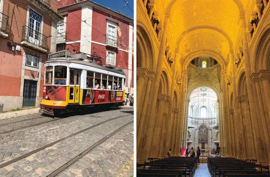 (좌) 리스본을 상징하는 28번 트램이 알파마 지구를 관통한다. (우) 알파마 지구의  랜드마크인 리스본 대성당 내부 모습