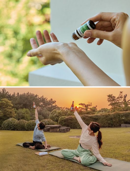 (위)  웰니스 아로마 브랜드 프라나룸과 콜라보한 JW 메리어트 제주 (아래) 제주신라호텔은 웰니스 프로그램으로 ‘선셋 비어 요가’를 선보인다.