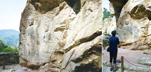 (좌) 바위에 새겨진 서산마애삼존불