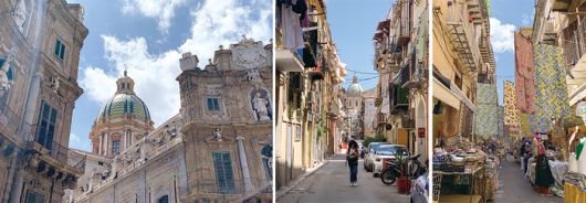 (왼쪽부터) 마피아의 도시로 불리는 팔레르모의 랜드마크인 대성당, 팔레르모 도심의 골목길 풍경, 좁다란 골목길에 조성된 거리 시장