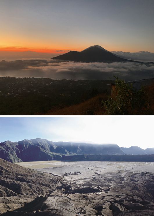 (위)바투르산 정상에서 바라본 아궁산 (아래)인도네시아 브로모산 분화구 주변 풍경