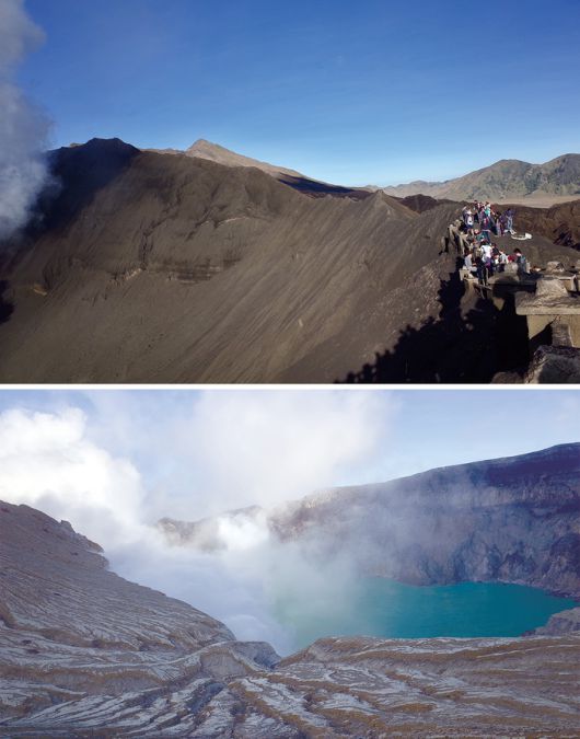 검은 모래로 뒤덮인 브로모산 분화구,청록색 빛을 띠는 이젠산 분화구 호수