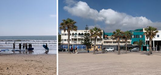 서핑의 천국이라 일컬어지는 모로코 에사우이라 해변, 야자수가 늘어선 에사우이라 도심 풍경