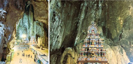 (좌)동굴 내부에 지어진 힌두교 사원 (우)무루간 신의 삶과 이야기가 장식된 사원 내부