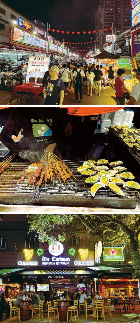 (위로부터 첫째, 둘째 이미지)다양한 먹거리를 판매하는 잘란 알로 야시장 (셋째)술집이 빼곡히 들어서 있는 부킷 빈탕의 거리