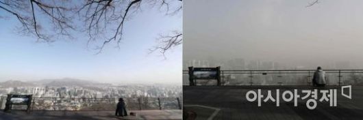 29일 서울 남산에서 바라본 도심 풍경(오른쪽 사진)이 미세먼지와 초미세먼지, 황사의 영향으로 뿌옇다. 지난 16일 풍경(왼쪽 사진)과 대조적이다. 전국에 황사경보가 발령된 것은 6년 1개월 만이다. /문호남 기자 munonam@