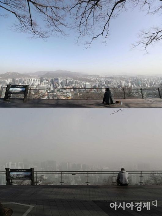 29일 서울 남산에서 바라본 도심 풍경(아래 사진)이 미세먼지와 초미세먼지, 황사의 영향으로 뿌옇다. 지난 16일 풍경(위 사진)과 대조적이다. 전국에 황사경보가 발령된 것은 6년 1개월 만이다. /문호남 기자 munonam@