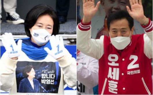 김 씨가 진행하는 TBS '김어준의 뉴스공장' 거취는 지난 서울시장 보궐선거 당시 여야 쟁점으로 떠오르기도 했다. 사진은 서울시장 보궐선거를 열흘 앞둔 지난달 28일 박영선 당시 더불어민주당 서울시장 후보(왼쪽)와 오세훈 당시 국민의힘 후보가 각각 유세하는 모습. / 사진=국회사진기자단 [이미지출처=연합뉴스]