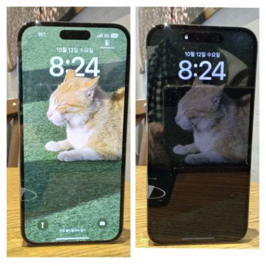 아이폰14 프로맥스 평상시 및 AOD 화면. 상대적으로 조도만 낮춘 상태로 배경화면이 그대로 유지된다.