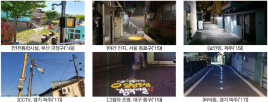 새뜰마을사업지에 설치된 안전통합시설, CCTV, 보안등, 그림자 조명. 경기 파주시 골목길에 설치된 바닥등은 좁은 길목을 따라 일정 간격으로 조명이 이어지며 보행자 안전을 도모한다. 국토교통부 제공