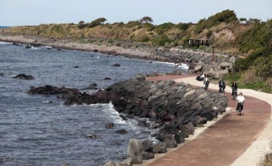 여행객들이 자전거를 타고 해안도로를 달리고 있다