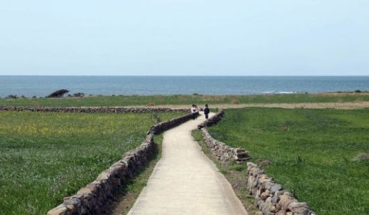 돌담길을 따라 산책을 즐기고 있는 여행객들