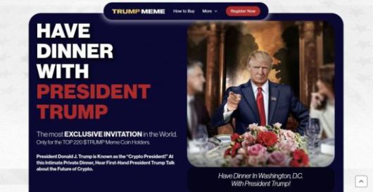 도널드 트럼프 대통령과 만찬 기회를 잡으라는 $Trump 밈코인의 홍보문. $Trump 홈페이지