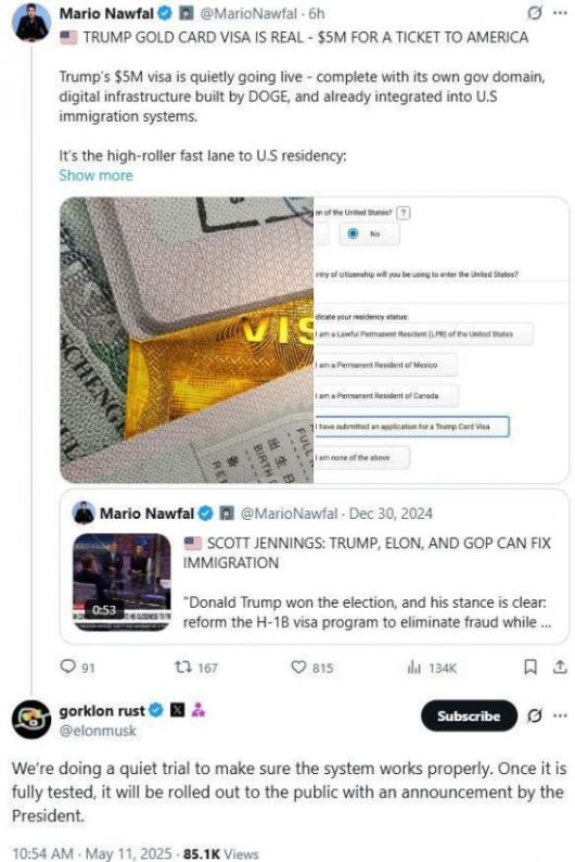 11일(현지시간) 머스크는 엑스에서 한 누리꾼이 골드카드에 관해 올린 게시물에 답글을 적었다. 누리꾼은 "트럼프의 500만 달러 비자는 자체 정부 도메인, DOGE(정부효율부)가 구축한 디지털 인프라로 현실화하고 있으며 이미 미국 이민 시스템에 통합됐다"는 글을 올렸다. 이에 머스크는 "우리는 시스템이 정상적으로 작동하는지 확인하기 위해 조용히 테스트를 진행 중"이라며 "테스트가 완전히 끝나면 대통령의 발표와 함께 공개될 것"이라는 답글을 달았다. X(엑스)