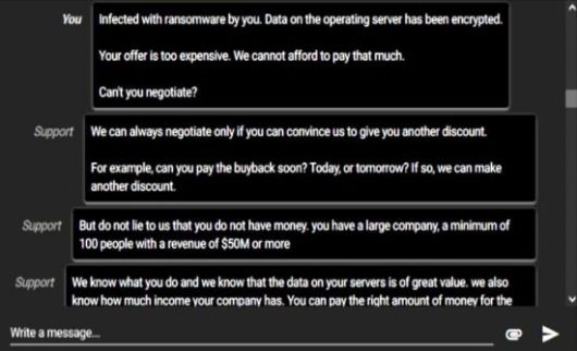 해커가 만든 다크웹상 홈페이지에서 협상팀이 채팅을 통해 랜섬(몸값)을 깎는 모습. 해커가 요구한 몸값은 약 15비트코인(당시 5억6000만원)이었지만 협상 결과 처음 몸값의 60% 수준인 약 9비트코인(당시 3억4000만원)까지 낮췄다. (사진=피해기업 제공)
