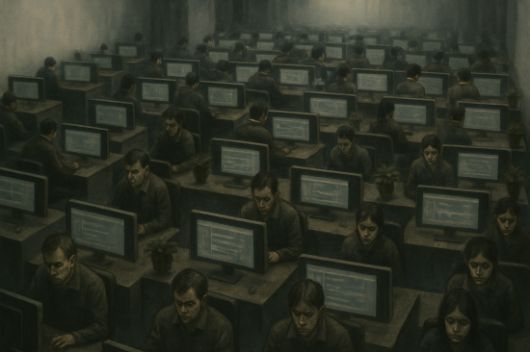 수많은 저임금 노동자들이 모니터 앞에서 이미지 분류 작업을 하는 광경을 AI가 묘사한 이미지. DALL-E3