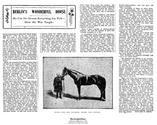 '영리한 말'를 보도한 1904년 9월 4일자 뉴욕타임스의 지면.