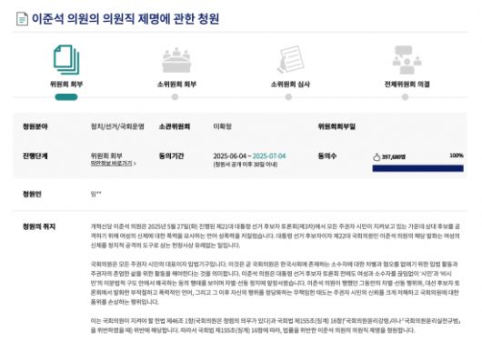 9일 국회 국민동의청원 게시판에 지난 4일 올라온 '이준석 의원의 의원직 제명에 관한 청원'은 오후 10시 56분 기준 39만7967명의 동의를 얻은 것으로 나타났다. 국민동의청원 홈페이지