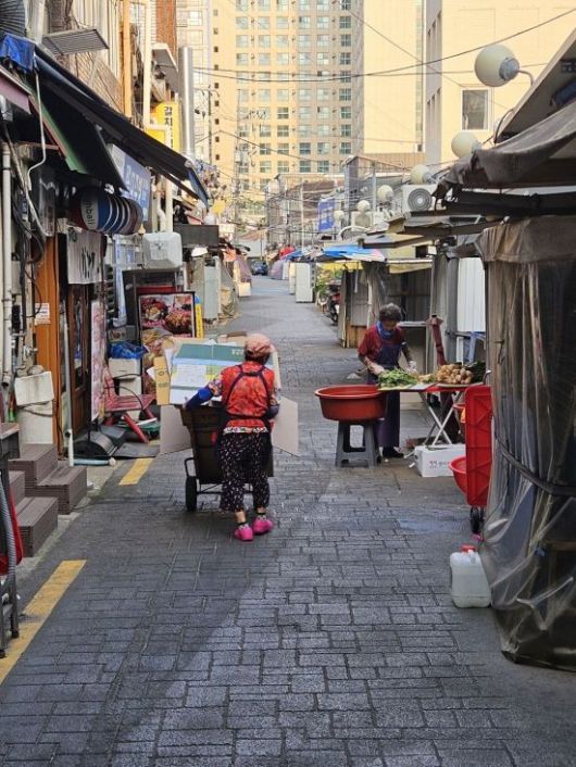 지난 10일 오전 한 노인이 서울 중구 신당중앙시장에서 폐지를 실은 수레를 끌고 가고 있다. 박승욱 기자