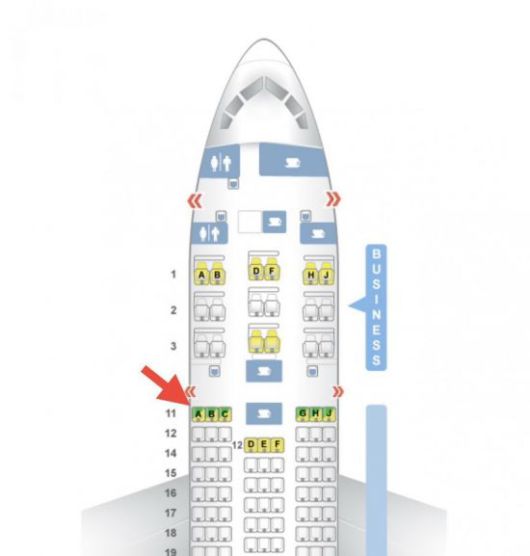 사고 비행기종(보잉 787-8 드림라이너)의 좌석 배치도. 시트구루