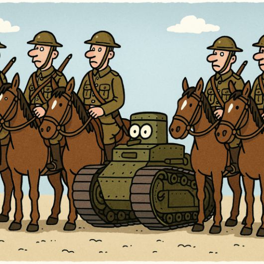 기마부대 사이에 홀로 끼어있는 탱크. DALL-E3