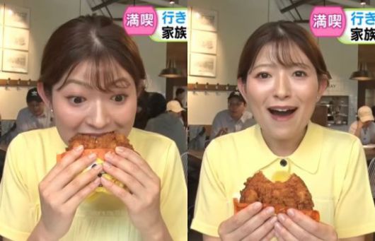 일본인 리포터가 성심당의 대표 메뉴인 '튀김소보로'를 먹어보고 있다. STV 방송