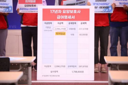 요양보호사 표준임금제 도입 촉구 기자회견에서 제시된 17년 차 요양보호사 급여명세서. 이세령 기자